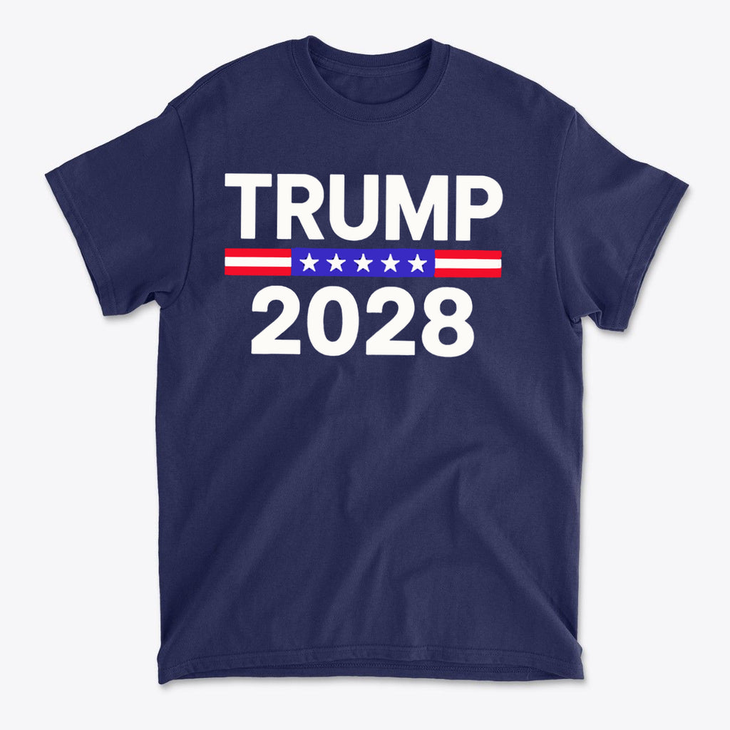 Trump 2028 Stars Stripes Graphic Tee navy blue shirt with bold white text and red, white, and blue design.