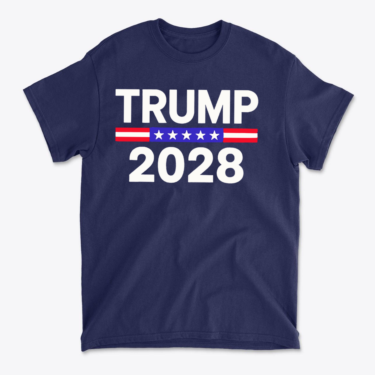 Trump 2028 Stars Stripes Graphic Tee navy blue shirt with bold white text and red, white, and blue design.