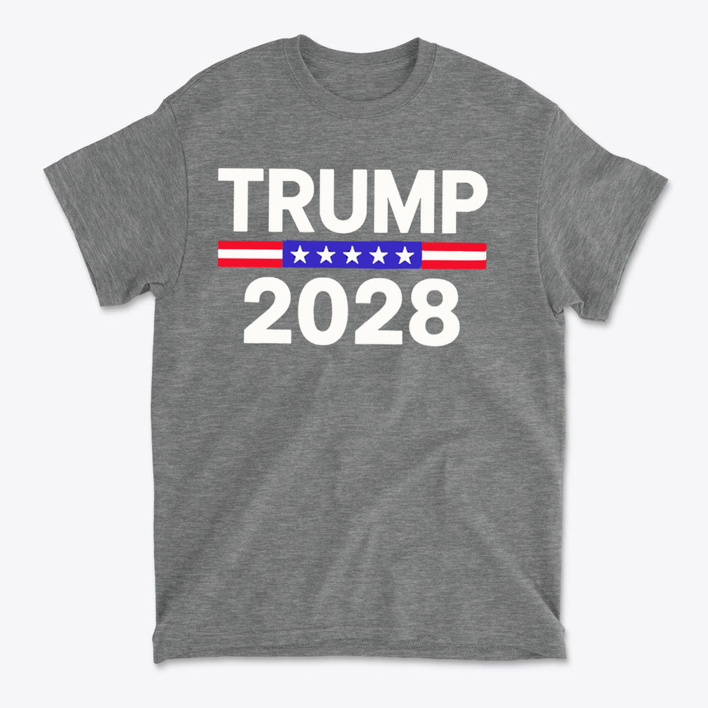 Trump 2028 Stars Stripes Graphic Tee featuring bold text and patriotic colors on a gray background.