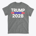 Trump 2028 Stars Stripes Graphic Tee featuring bold text and patriotic colors on a gray background.