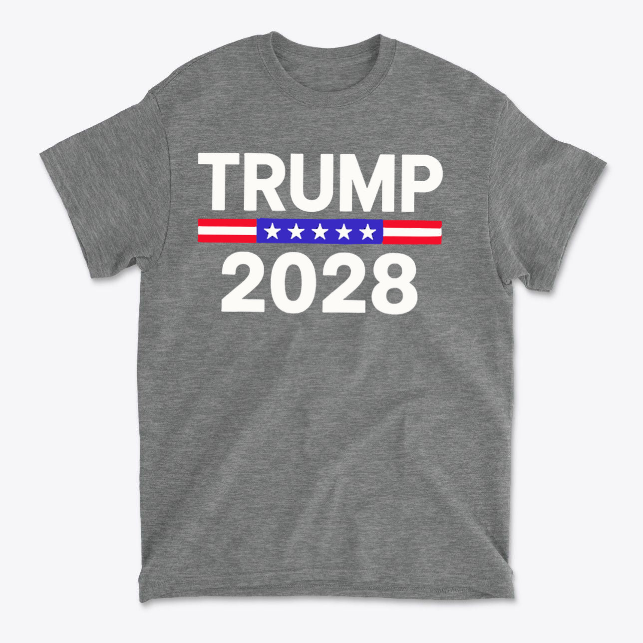 Trump 2028 Stars Stripes Graphic Tee featuring bold text and patriotic colors on a gray background.