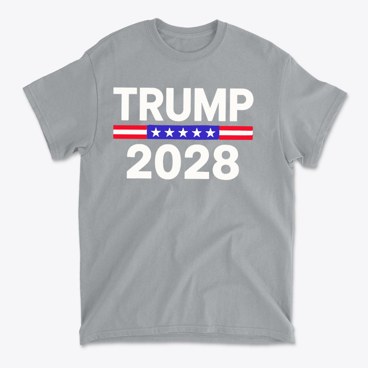 Trump 2028 Stars Stripes Graphic Tee featuring bold text and patriotic colors on a gray t-shirt.