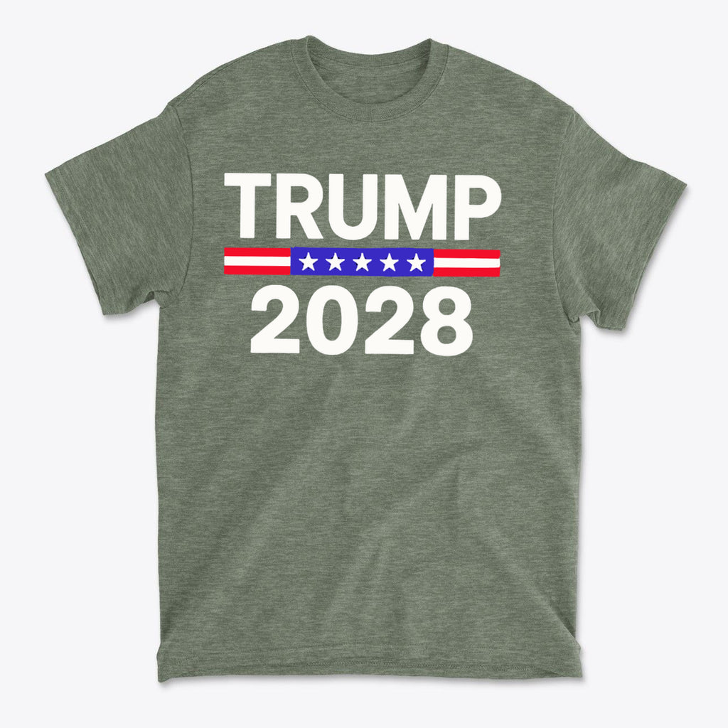 Trump 2028 Stars Stripes Graphic Tee featuring bold lettering and patriotic colors on an olive green shirt.