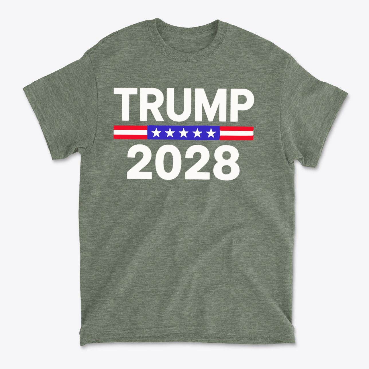 Trump 2028 Stars Stripes Graphic Tee featuring bold lettering and patriotic colors on an olive green shirt.