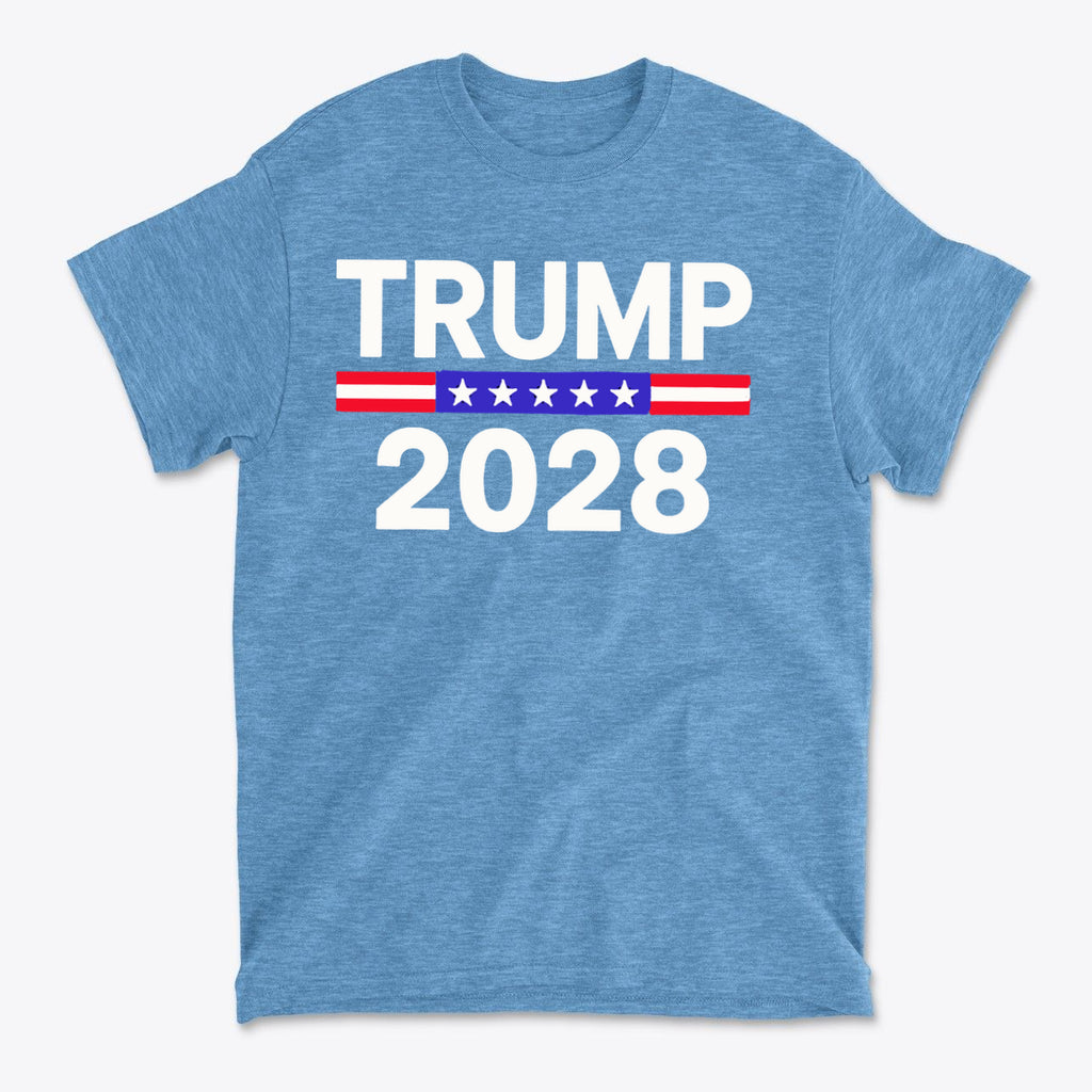 Trump 2028 Stars Stripes Graphic Tee featuring bold text on a blue background.