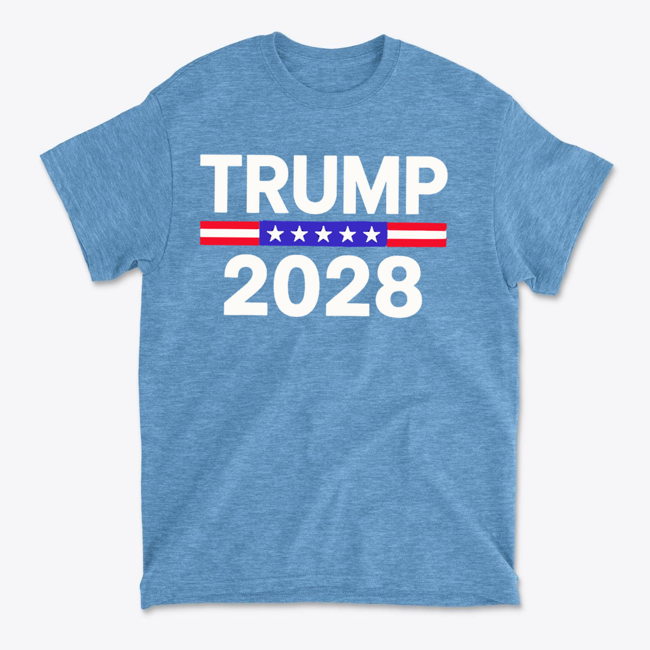 Trump 2028 Stars Stripes Graphic Tee featuring bold text on a blue background.