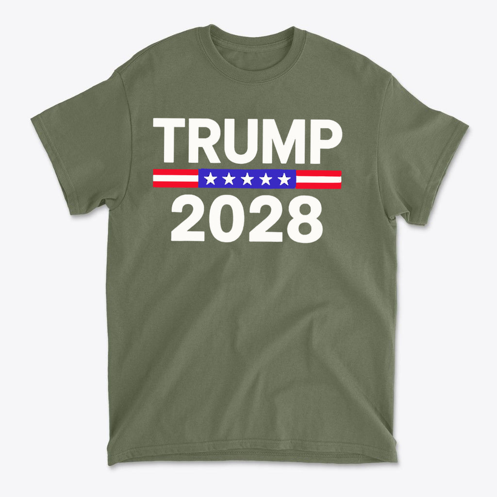 Trump 2028 Stars Stripes Graphic Tee featuring bold text on an olive green t-shirt.