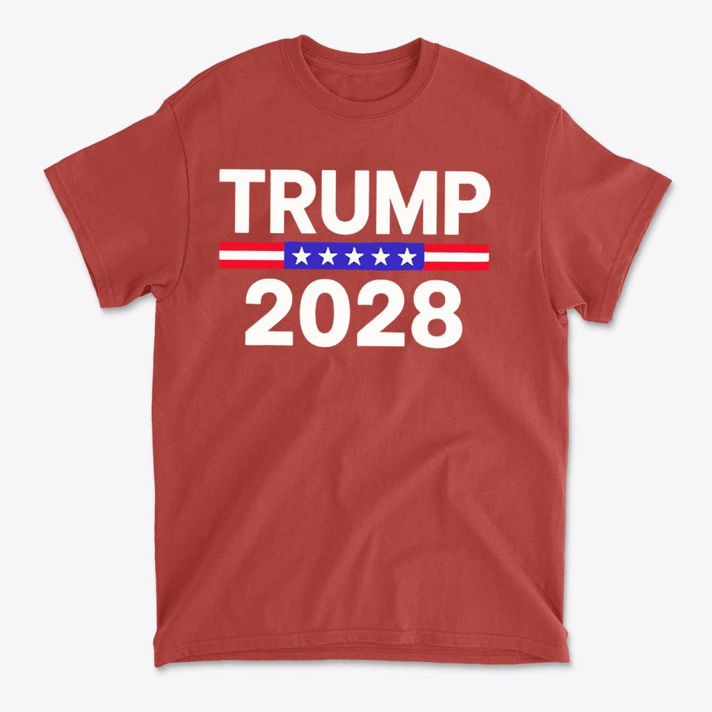 Trump 2028 Stars Stripes Graphic Tee in red with bold white text and patriotic colors.
