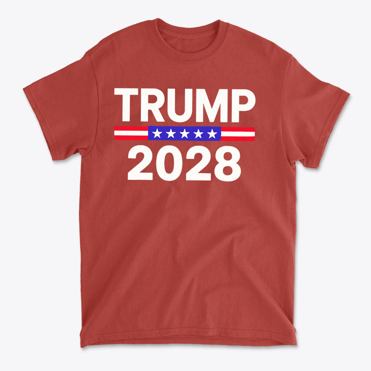 Trump 2028 Stars Stripes Graphic Tee in red with bold white text and patriotic colors.