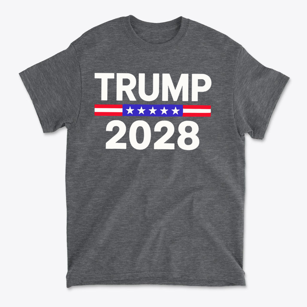 Trump 2028 Stars Stripes Graphic Tee showcasing a bold design with patriotic colors and themes, ideal for supporters.