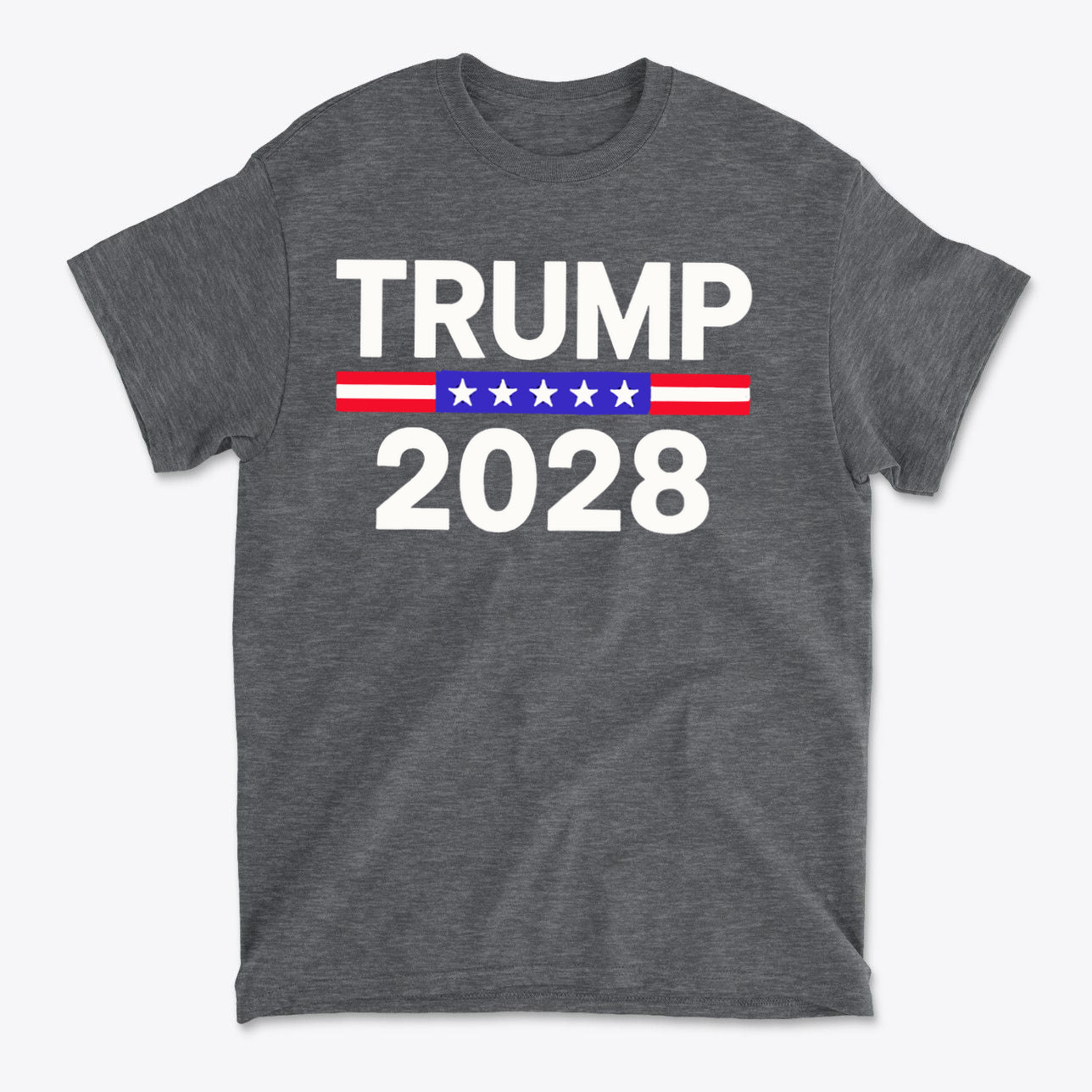 Trump 2028 Stars Stripes Graphic Tee showcasing a bold design with patriotic colors and themes, ideal for supporters.