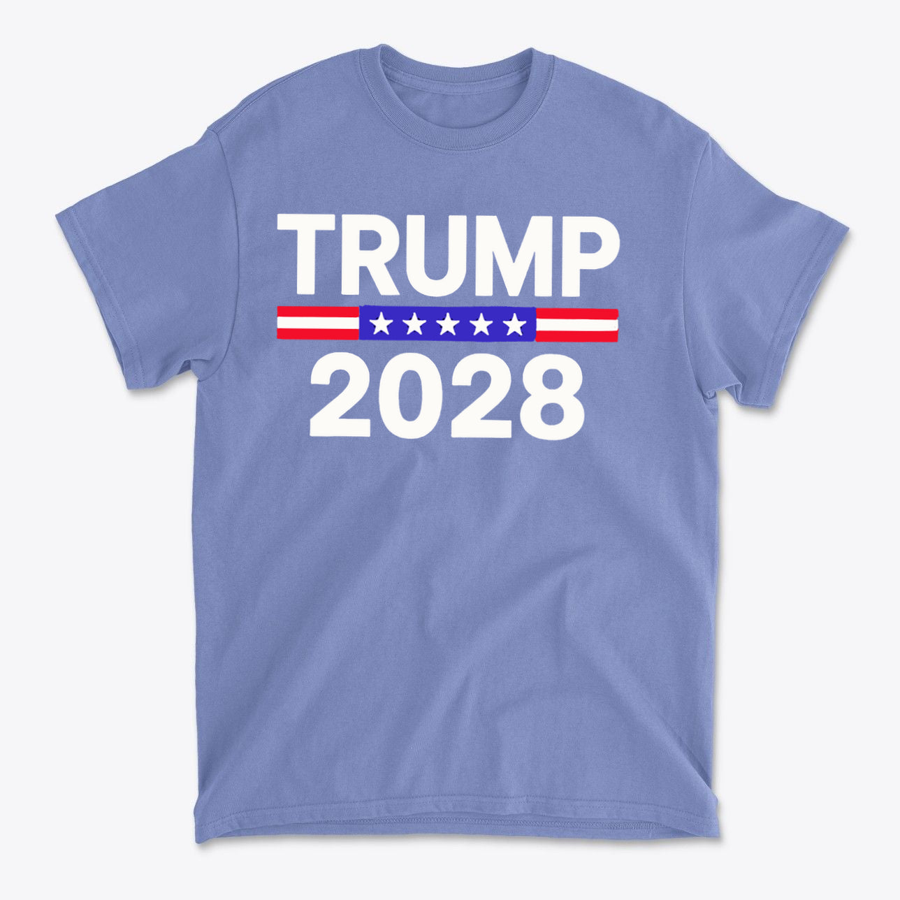 Trump 2028 Stars Stripes Graphic Tee in blue featuring bold white lettering and patriotic colors.