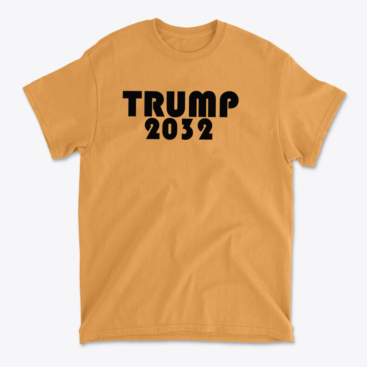 Trump 2032 Red Print Style Gear featuring a bold yellow shirt with black text 'TRUMP 2032' for patriotic supporters.