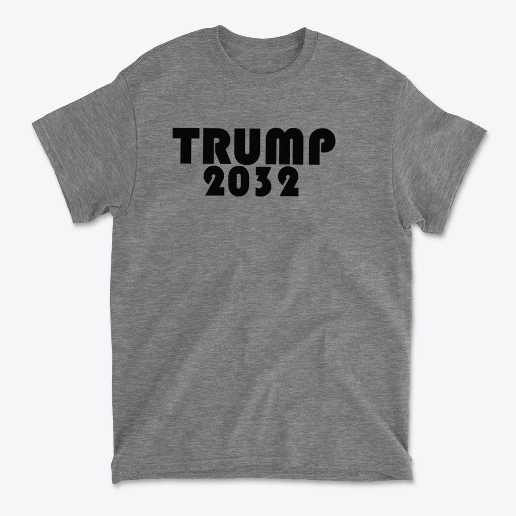 Trump 2032 Red Print Style Gear on a gray t-shirt with bold lettering.