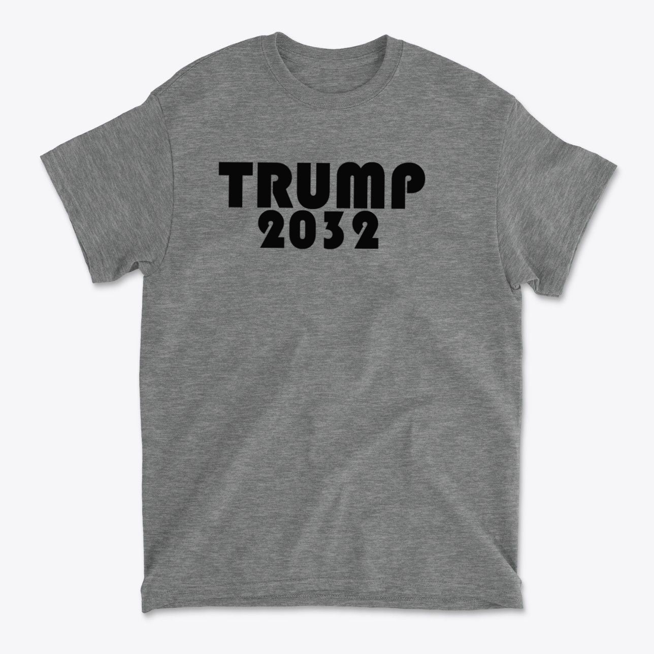 Trump 2032 Red Print Style Gear on a gray t-shirt with bold lettering.