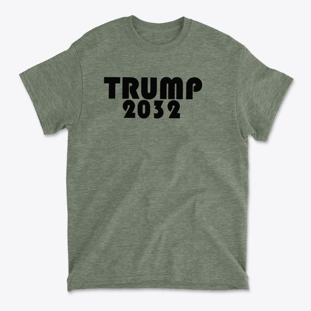 Trump 2032 Red Print Style Gear t-shirt featuring bold text design on an olive green background.