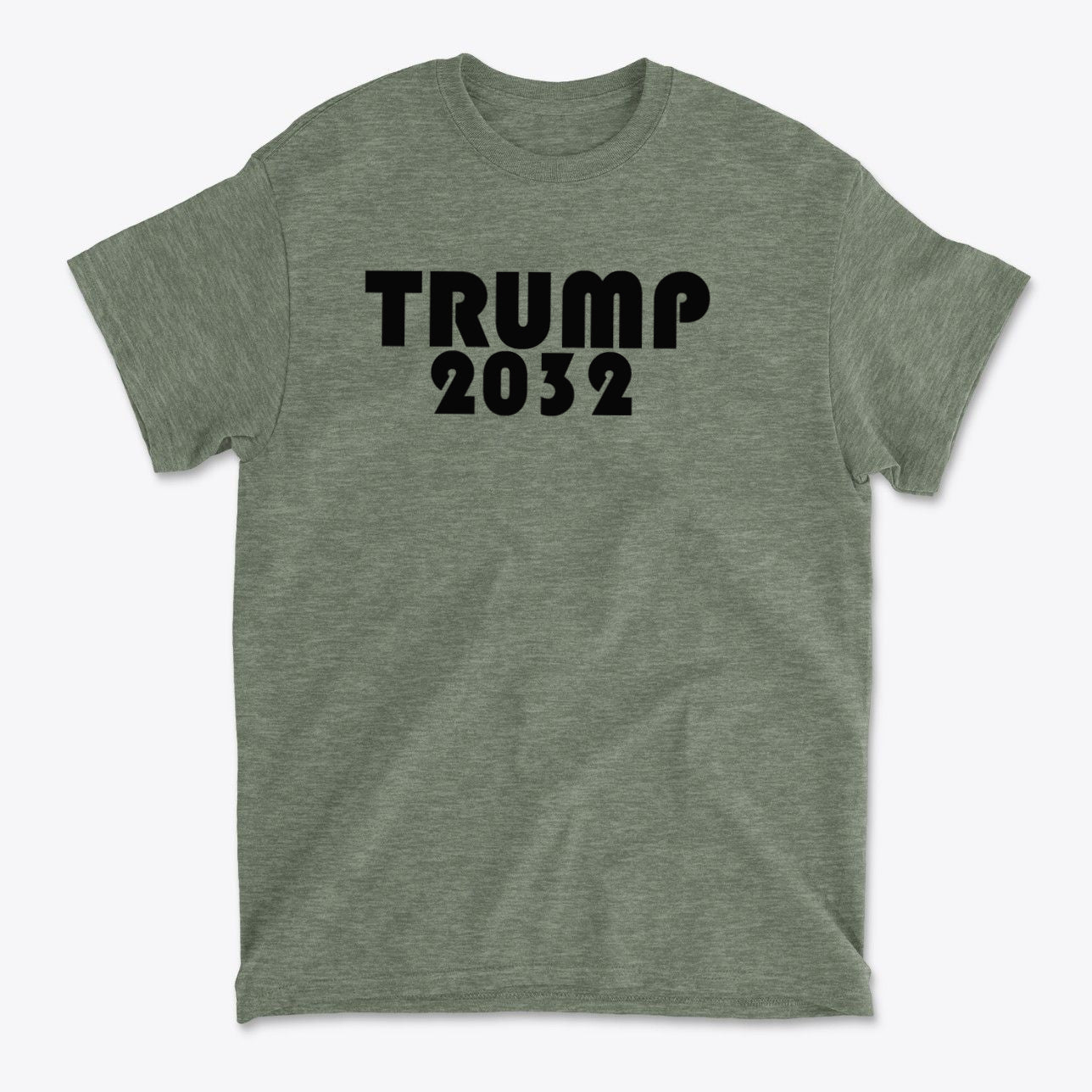 Trump 2032 Red Print Style Gear t-shirt featuring bold text design on an olive green background.