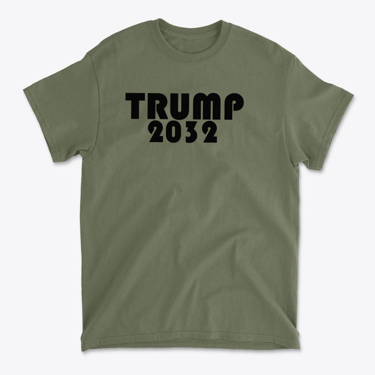 Trump 2032 Red Print Style Gear featuring a bold black graphic on an olive green t-shirt.