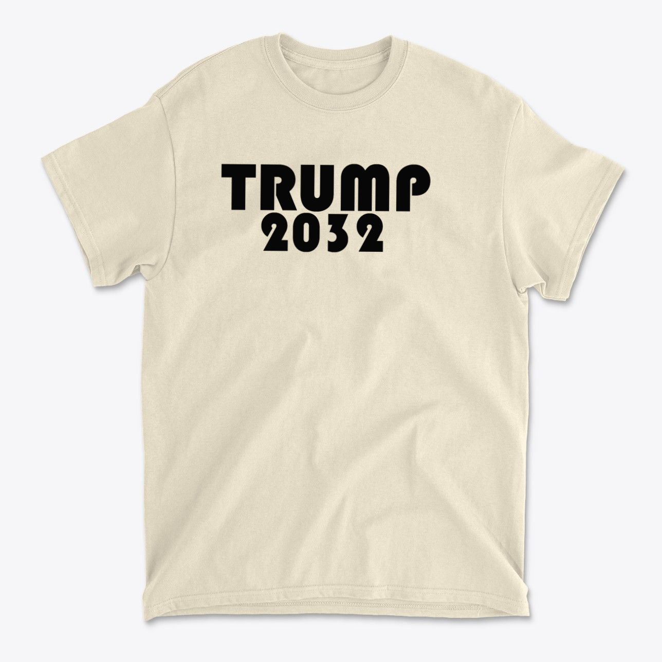 Trump 2032 Red Print Style Gear featuring a beige t-shirt with bold black lettering.