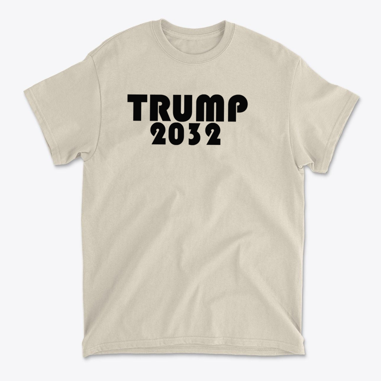 Trump 2032 Red Print Style Gear featured on a beige t-shirt with bold black lettering.