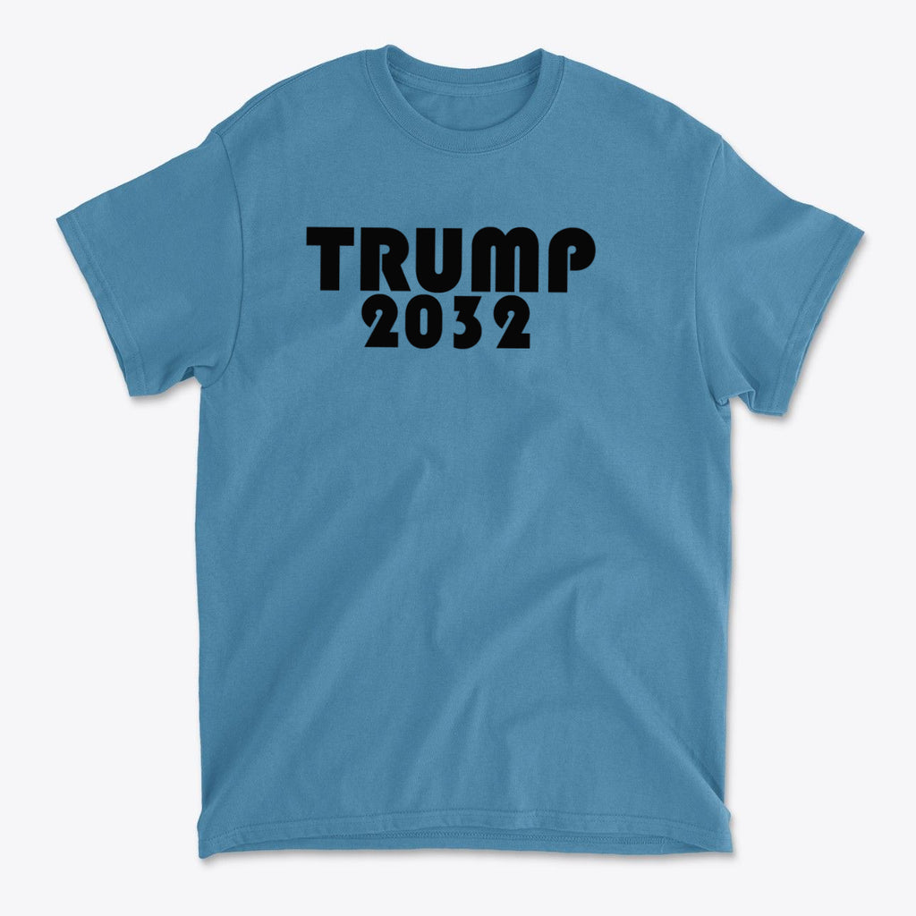 Trump 2032 Red Print Style Gear featuring a blue t-shirt with bold 'TRUMP 2032' text.