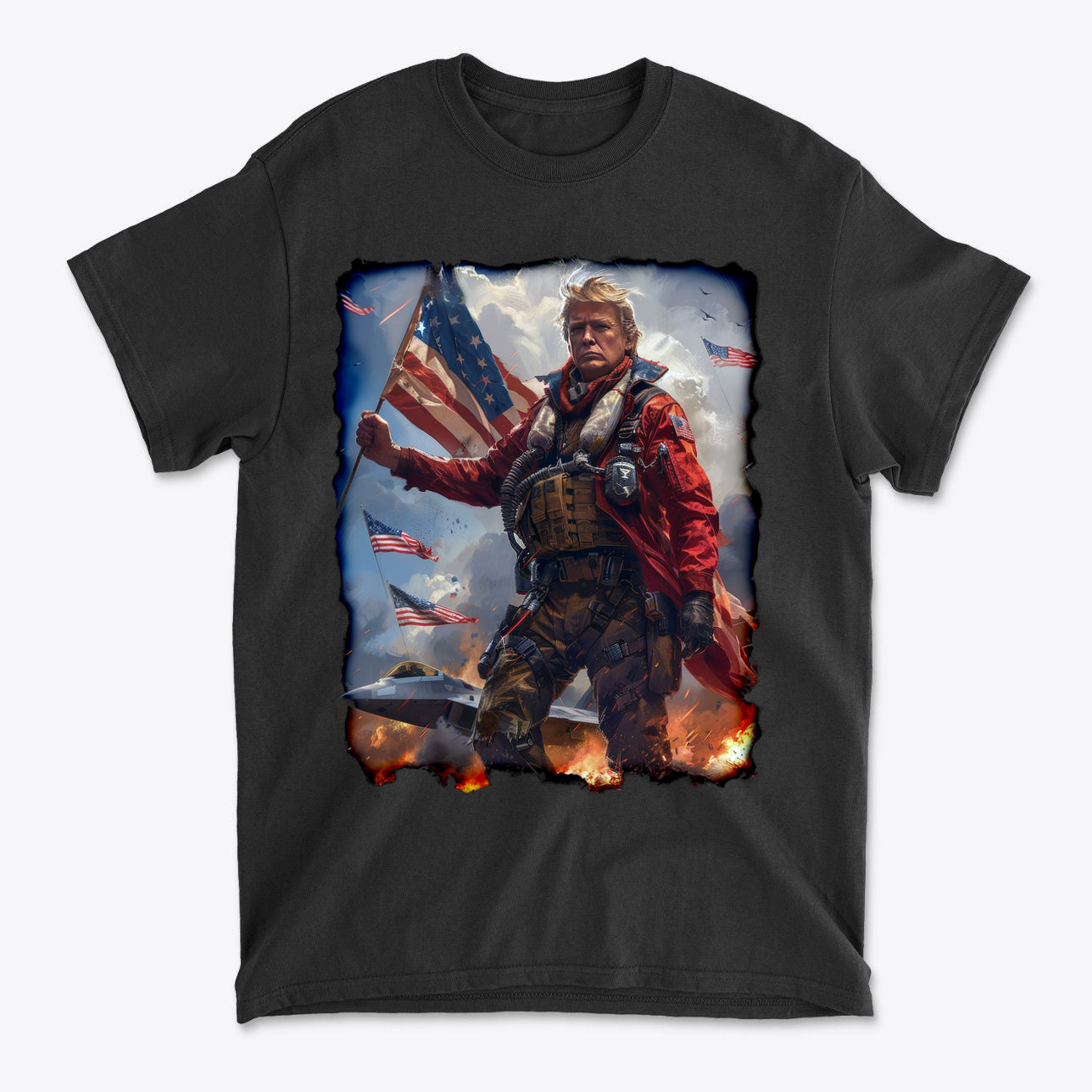Trump Fighter Pilot Apparel Art shirt featuring a fighter pilot holding an American flag.