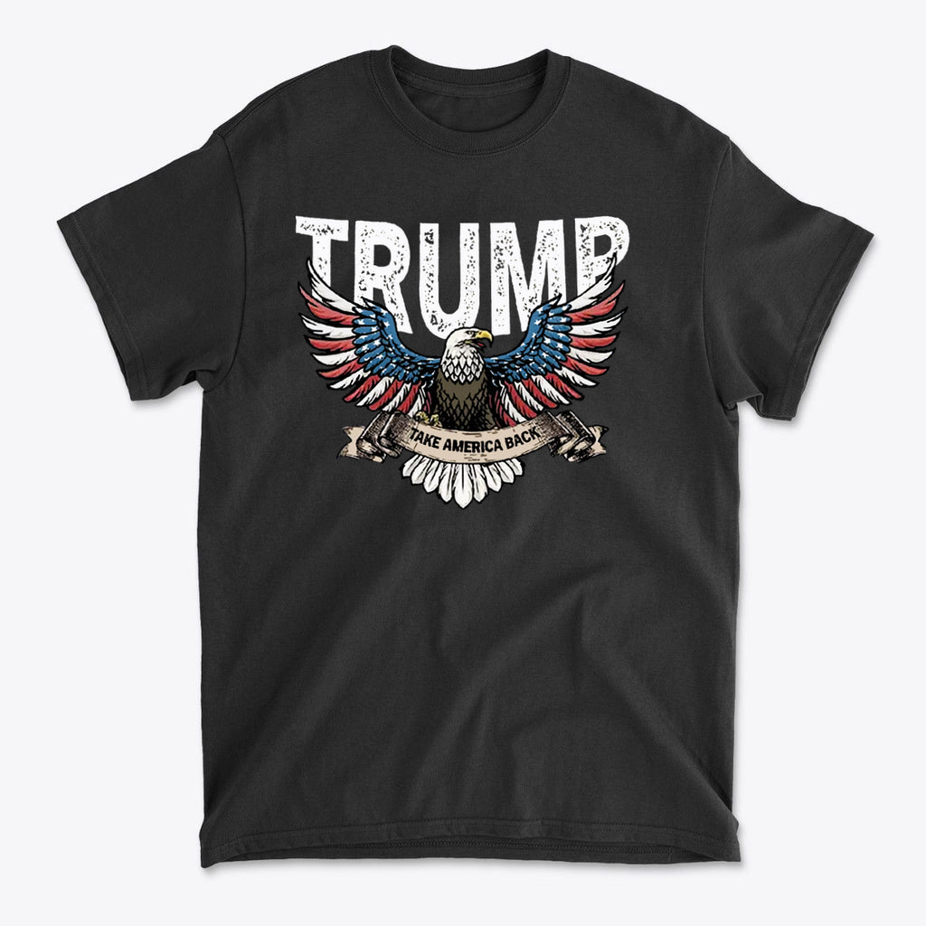 Trump Eagle In Stars And Stripes Take America Back graphic t-shirt with eagle and patriotic colors.
