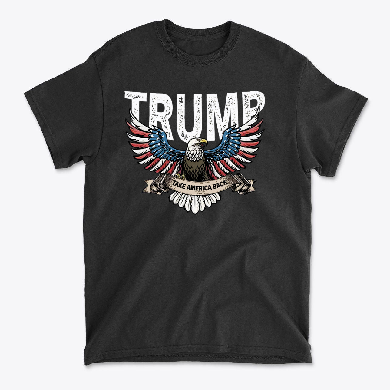 Trump Eagle In Stars And Stripes Take America Back graphic t-shirt with eagle and patriotic colors.