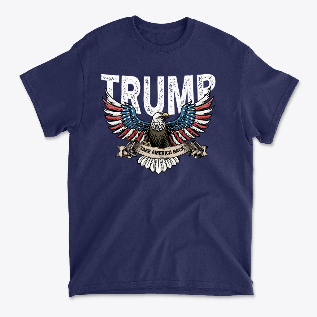 Trump Eagle In Stars And Stripes Take America Back graphic t-shirt design featuring an eagle and bold text.