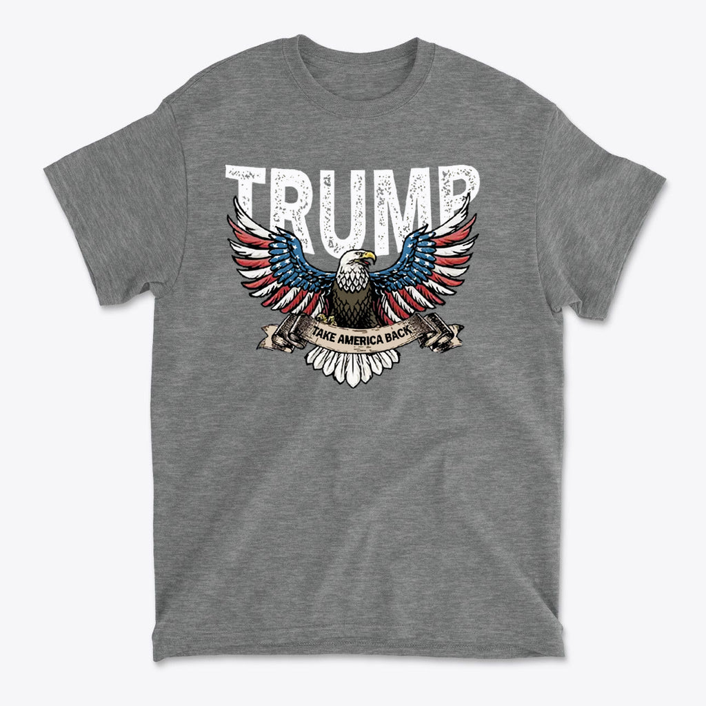 Trump Eagle In Stars And Stripes Take America Back graphic t-shirt featuring eagle and patriotic design.