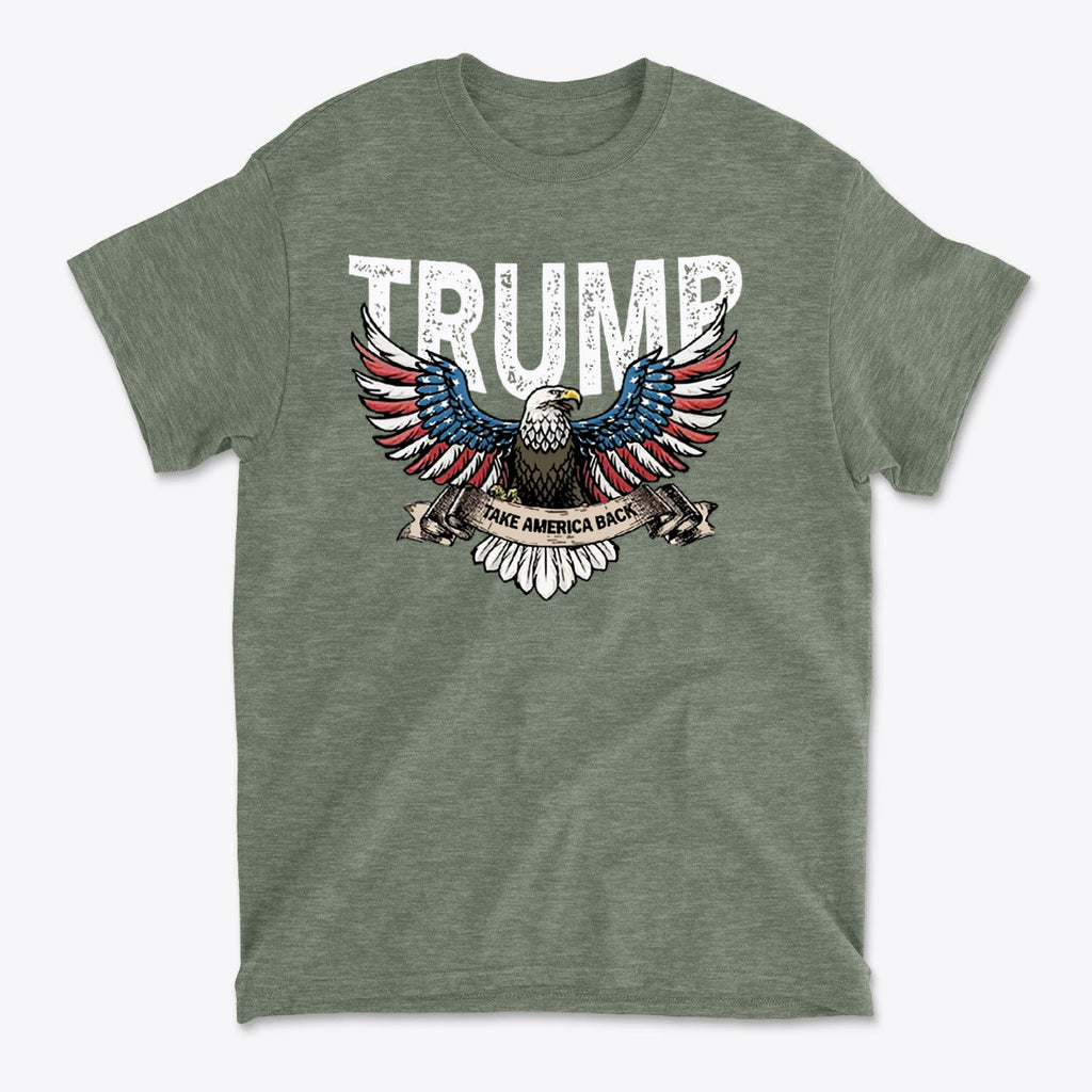 Trump Eagle In Stars And Stripes Take America Back T-shirt featuring an eagle and patriotic design.