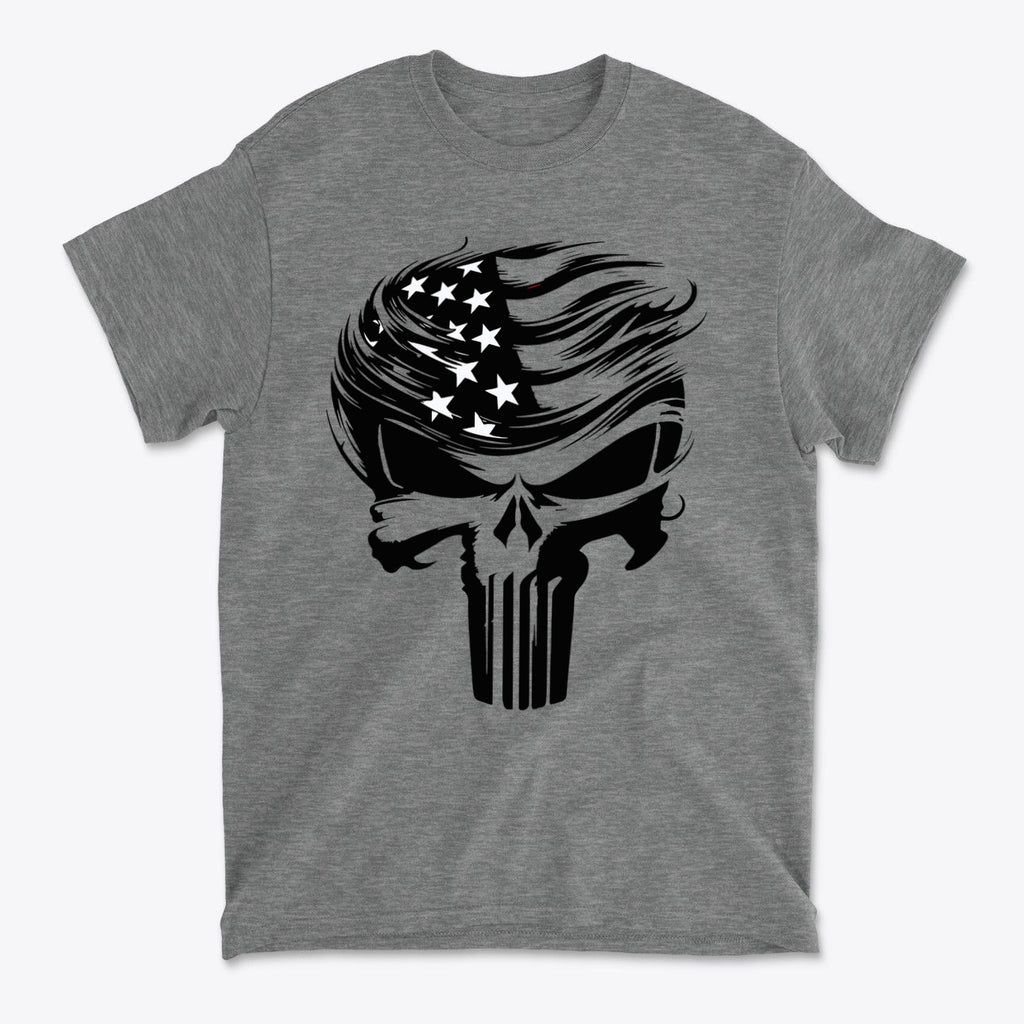 Trump Punisher Custom Print Tee featuring a skull design with American flag elements.