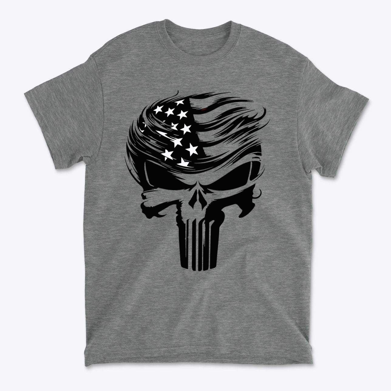 Trump Punisher Custom Print Tee featuring a skull design with American flag elements.