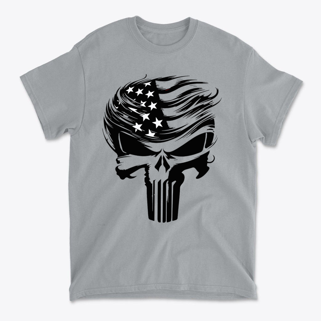 Trump Punisher Custom Print Tee featuring a skull design with American flag elements.