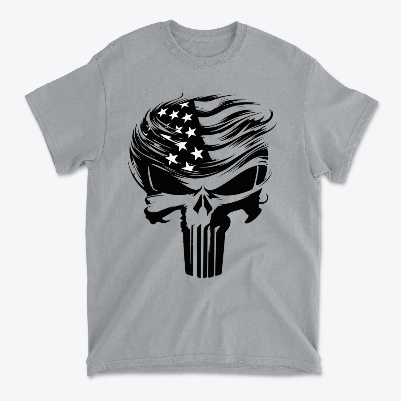 Trump Punisher Custom Print Tee featuring a skull design with American flag elements.