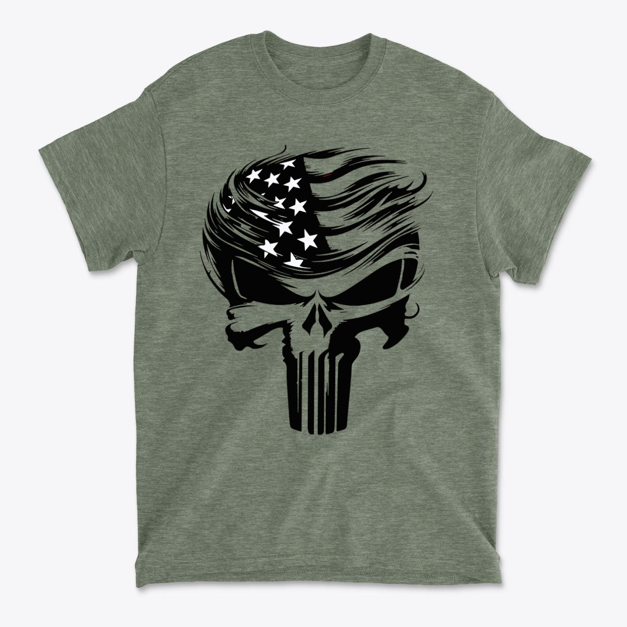 Trump Punisher Custom Print Tee featuring a skull design with American flag elements.