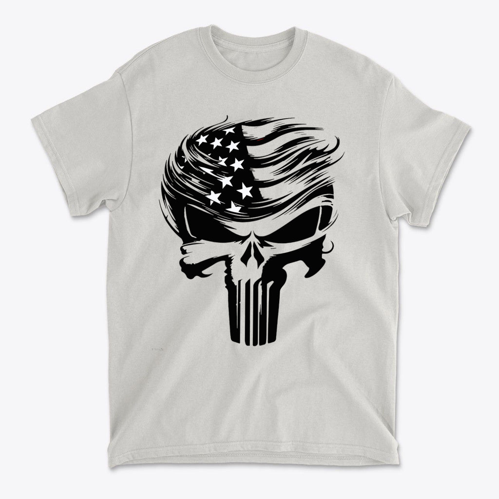 Trump Punisher Custom Print Tee featuring a skull design with American flag elements.