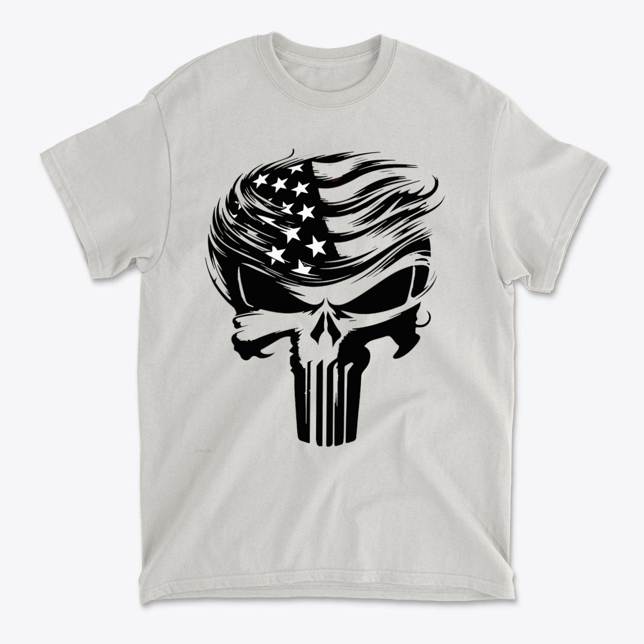 Trump Punisher Custom Print Tee featuring a skull design with American flag elements.
