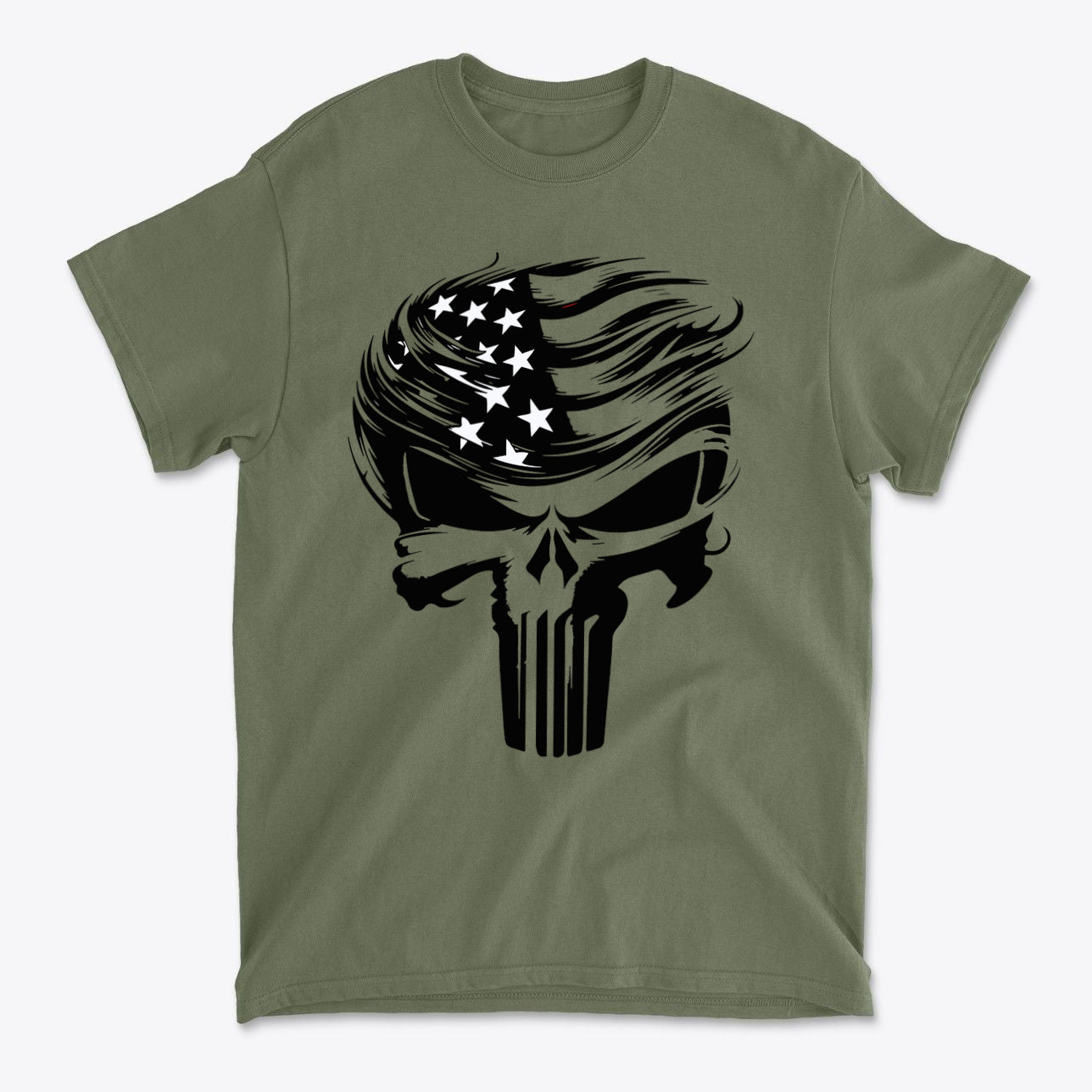 Trump Punisher Custom Print Tee featuring a skull design with American flag elements.
