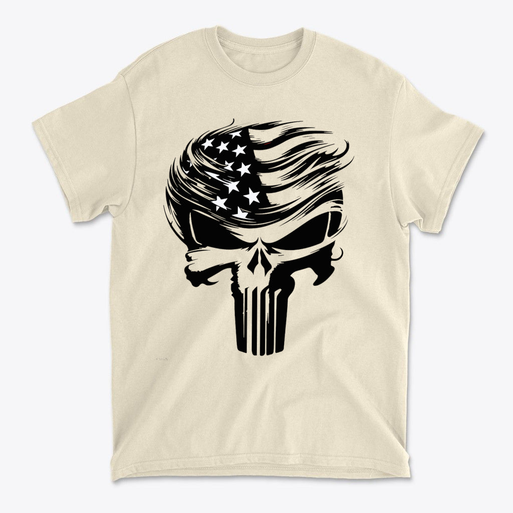 Trump Punisher Custom Print Tee featuring a skull design with a flowing American flag hairstyle.