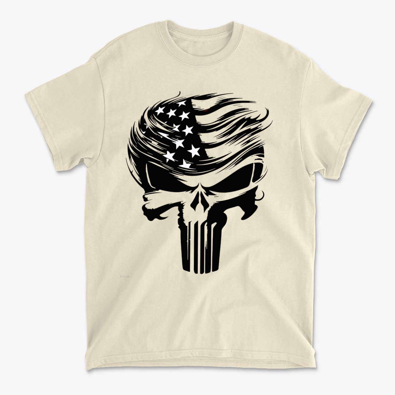 Trump Punisher Custom Print Tee featuring a skull design with a flowing American flag hairstyle.