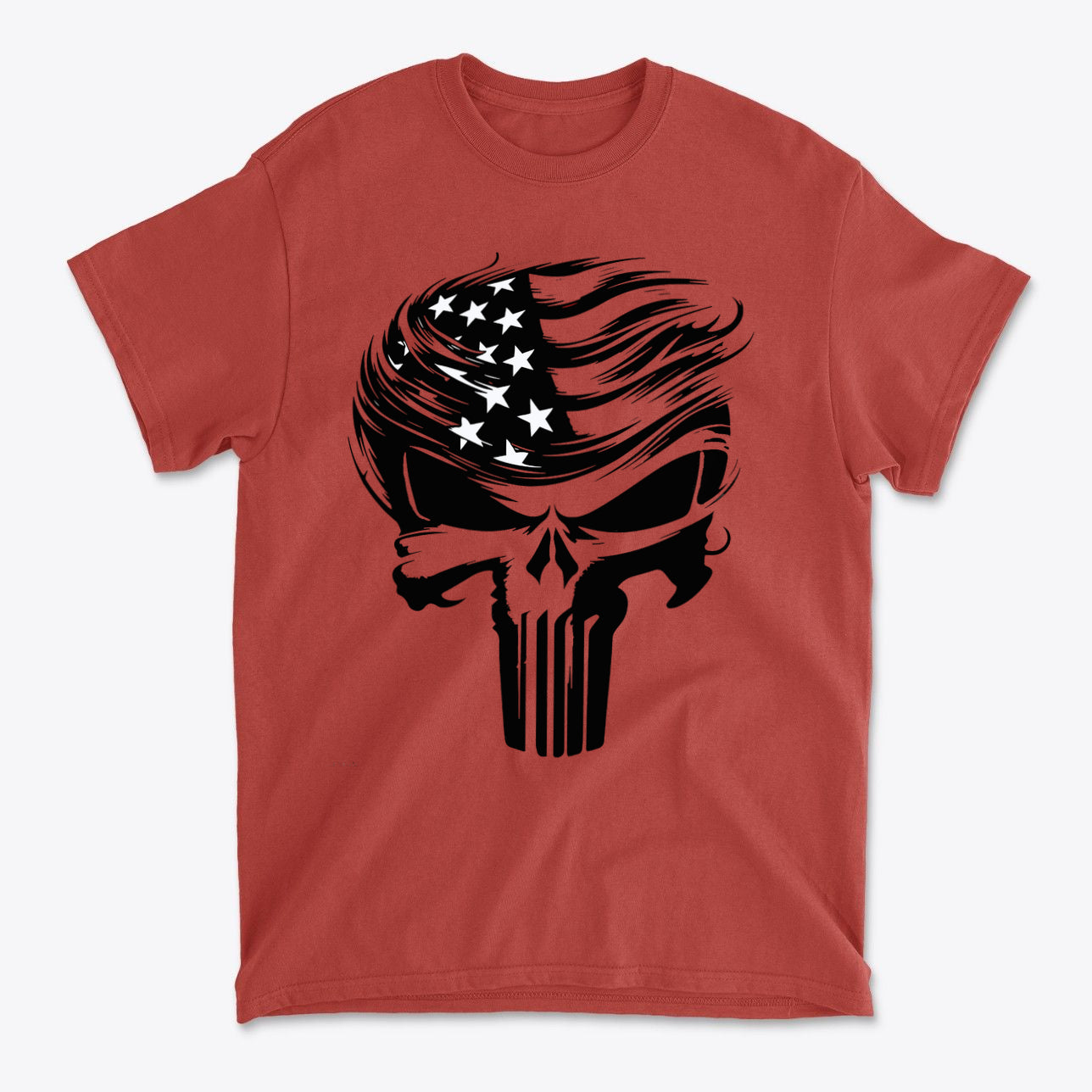 Trump Punisher Custom Print Tee featuring a skull design with American flag elements.