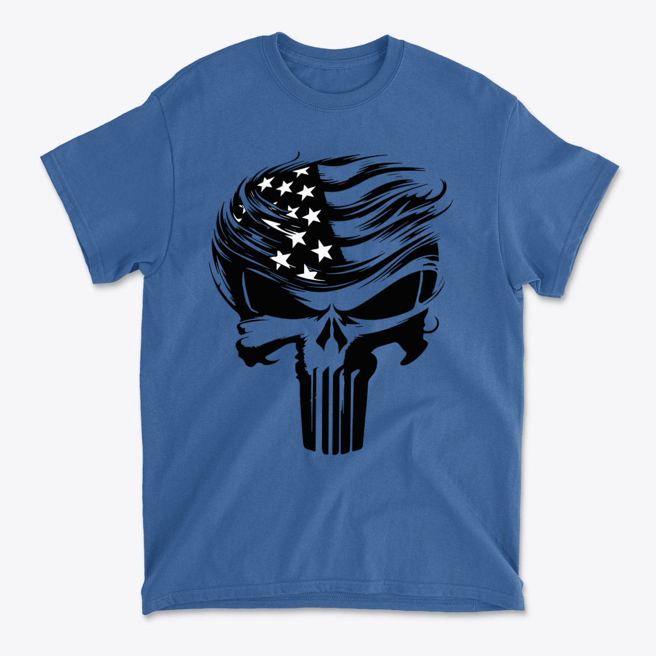 Trump Punisher Custom Print Tee featuring a skull design with an American flag theme.