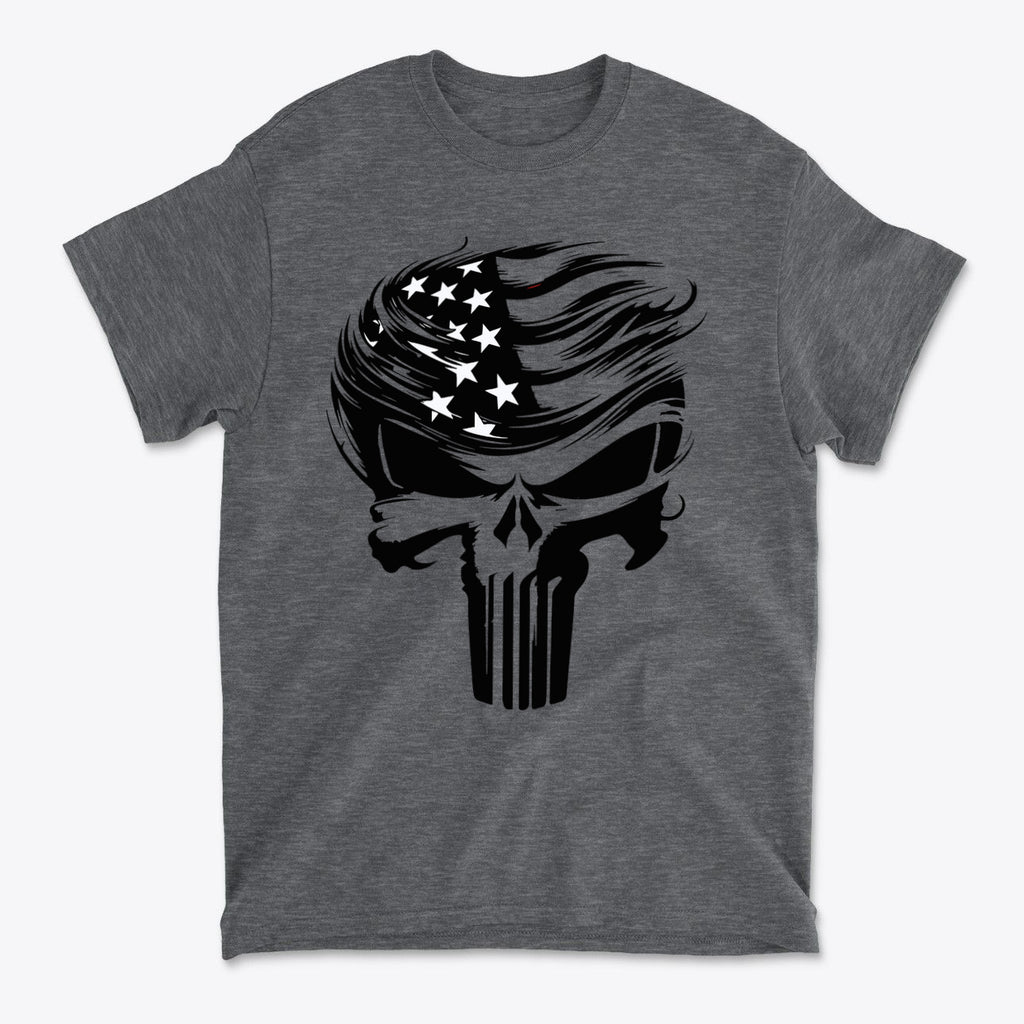 Trump Punisher Custom Print Tee featuring a graphic of a skull with American flag elements.