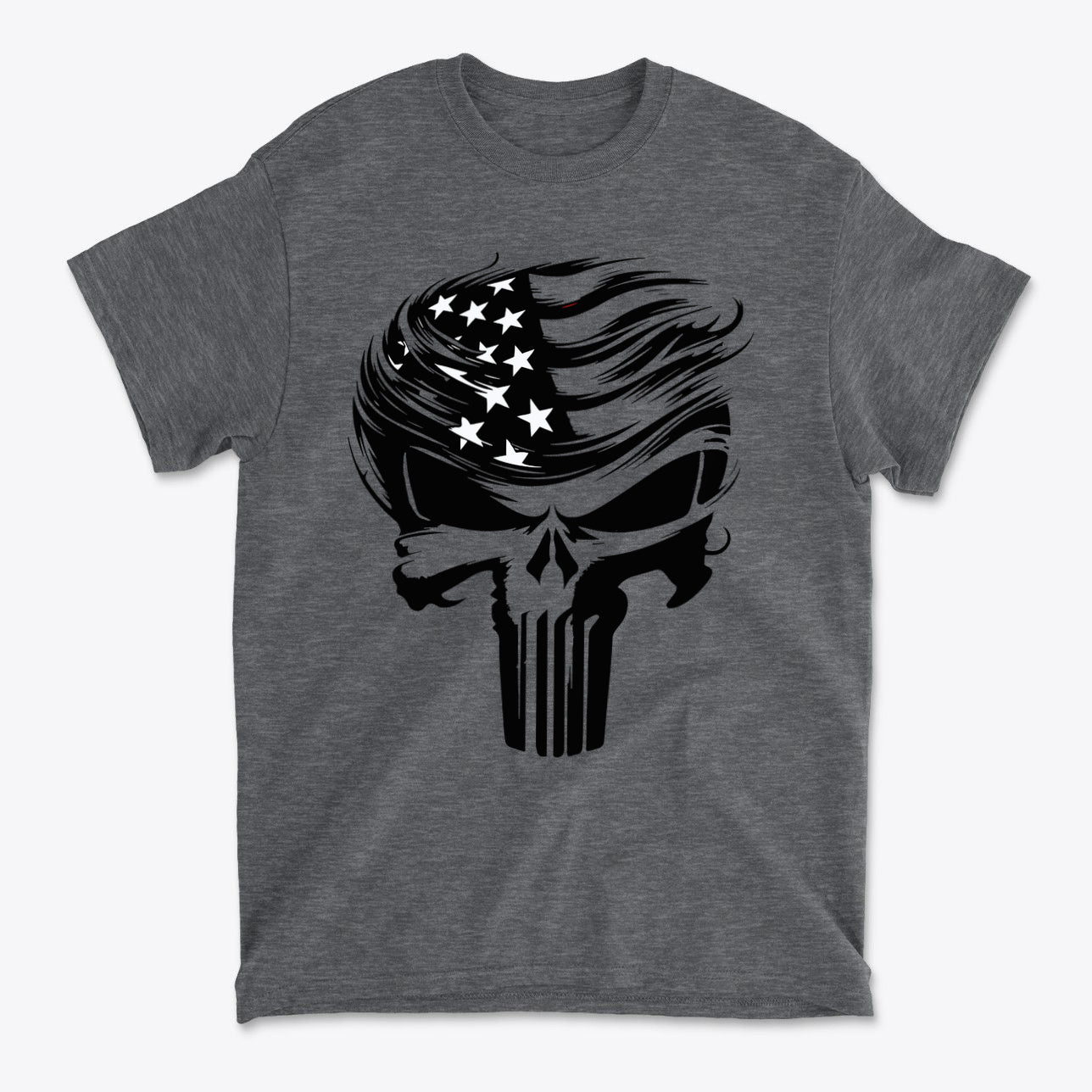 Trump Punisher Custom Print Tee featuring a graphic of a skull with American flag elements.