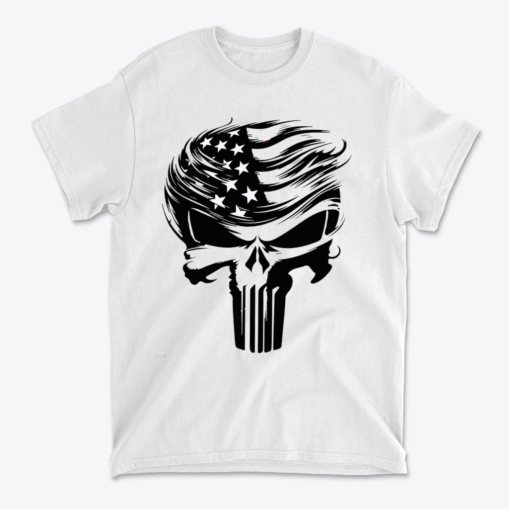 Trump Punisher Custom Print Tee featuring a skull design with American flag elements.
