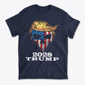Trump Punisher 2028 Apparel Art featuring a stylized image of Trump with American flag colors and bold 2028 text.