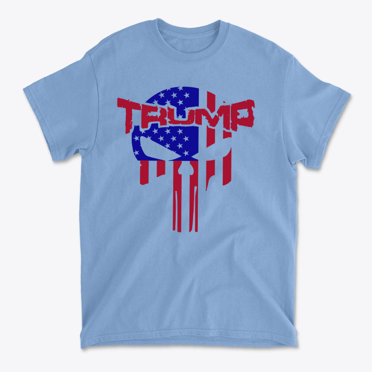 Trump Punisher In Stars And Stripes t-shirt featuring a blue background and bold red and white graphic design.