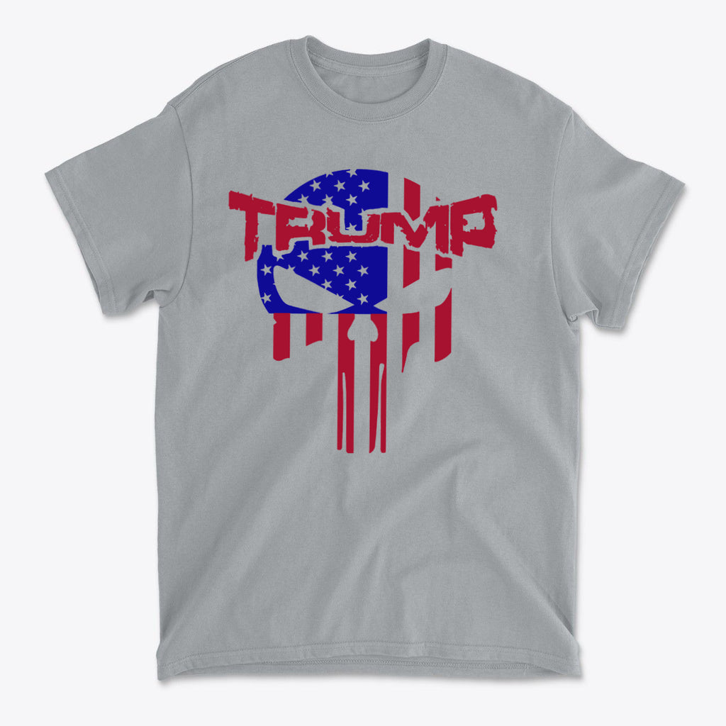 Trump Punisher In Stars And Stripes graphic t-shirt featuring a patriotic design and bold colors.