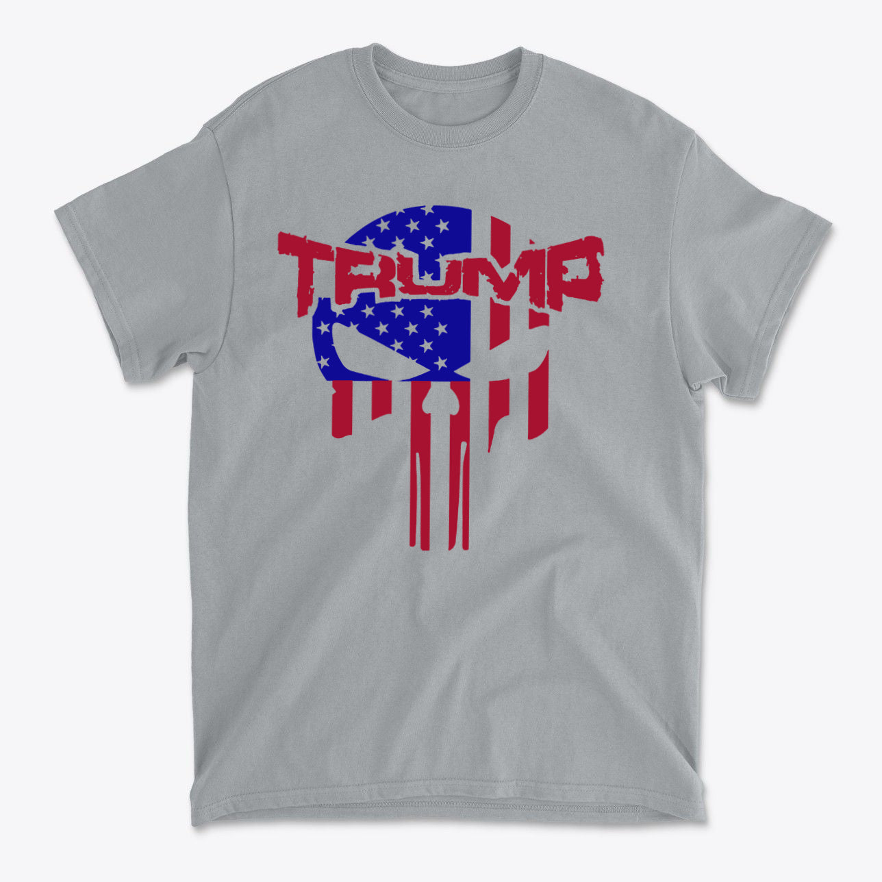 Trump Punisher In Stars And Stripes graphic t-shirt featuring a patriotic design and bold colors.